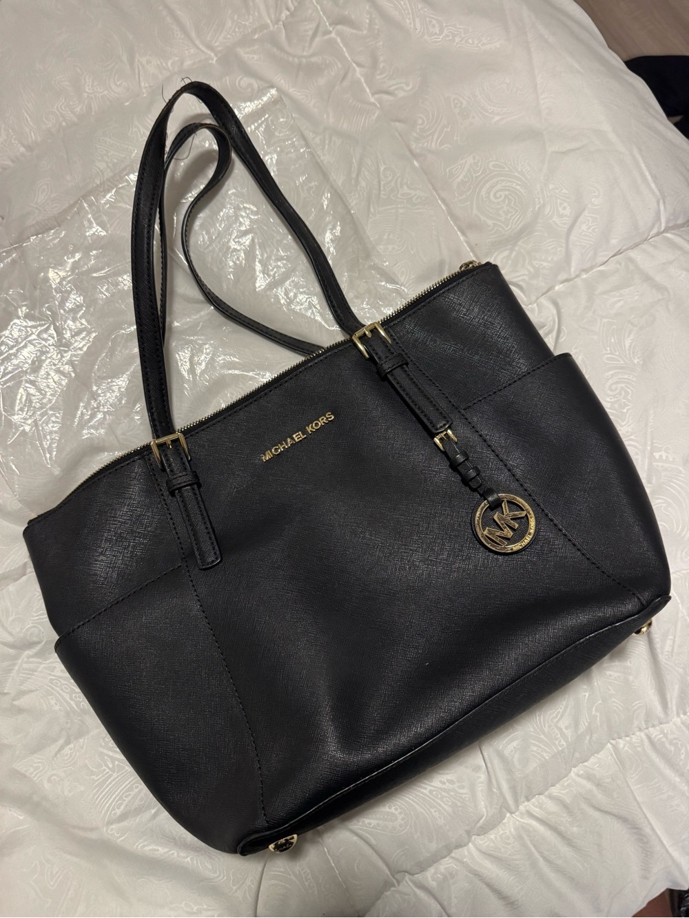 Michael Kors Black Saffiano Leather Tote with Gold Accents